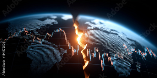 Geopolitical tensions rise amidst global trade disruptions economic impact visualization digital environment aerial view