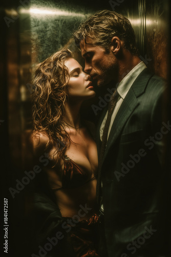 A cinematic shot of a man in a suit kissing a young woman in a sexy outfit in an elevator.