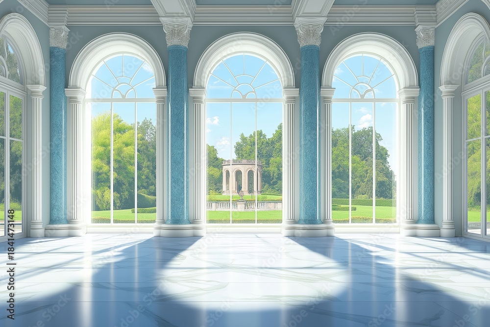 Naklejka premium Sunlight illuminates blue grand hall through large windows in palace or castle, surrounded by lush greenery