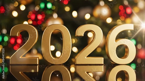 Golden 2026 year sign against festive holiday background