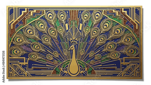 Stunning art deco peacock design featuring gold lines and rich jewel tones in a symmetrical pattern