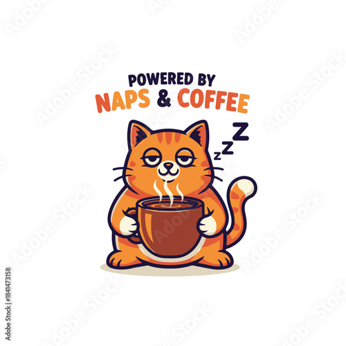 Funny cartoon orange cat "Powered by Naps & Coffee" illustration