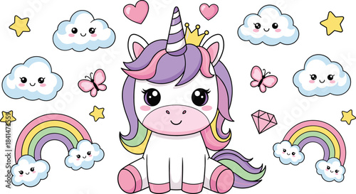 Cute unicorn surrounded by rainbows, clouds, stars, hearts, and butterflies in adorable pastel kawaii fantasy style illustration