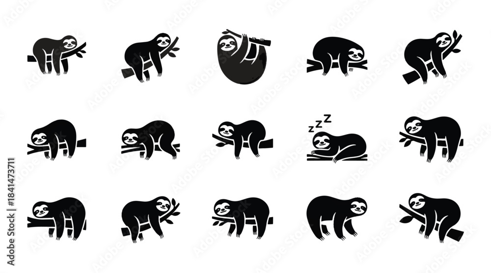 Obraz premium Set of Fifteen Black Sloth Silhouette Icons on Tree Branch - Various Poses Including Sleeping and Hanging for Tropical Nature, Relaxation, and Slow Life Design