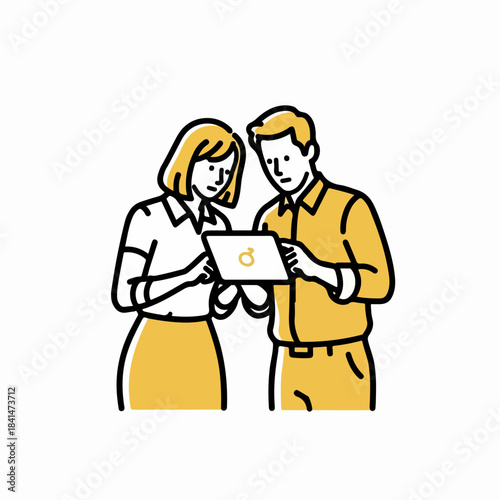 Minimal Coworkers Checking Productivity Metrics with Focused Expressions – Vector Line-Art Illustration