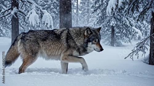Snowy forest clearing, a lone wolf with ashgray coat, alert stance, breath fogging cold air. Silent