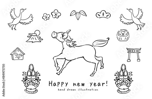 年賀イラスト 馬とお正月の手描き素材セット