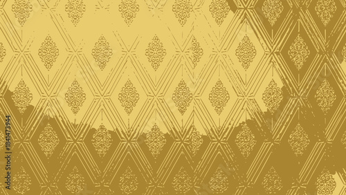 Distressed vintage damask wallpaper pattern in shades of gold with a textured grunge overlay effect