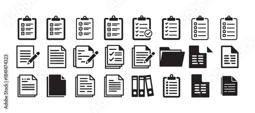 Document File Icons Set. Search, Download, Upload, Delete, Lock, Image, PDF, Folder Line Symbols. vector illustration eps 10