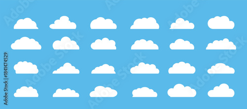 White Cloud Icons Set on Blue Sky Background in Flat Style.