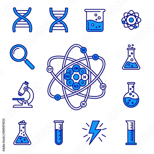Blue science and chemistry icon set featuring an atom, DNA, microscope, and laboratory glassware.