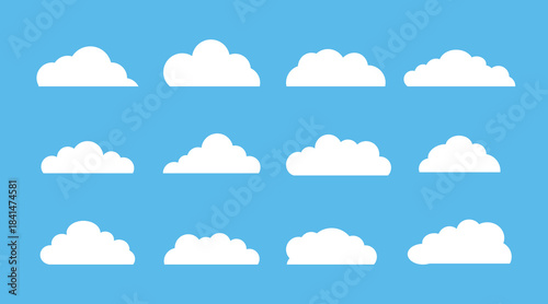 White Cloud Icons Set on Blue Sky Background in Flat Style.