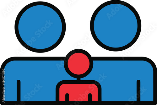 Abstract Family Icon with Two Blue Adults and One Red Child Depicting Unity, Guardianship, and Parental Care in Stylized Form