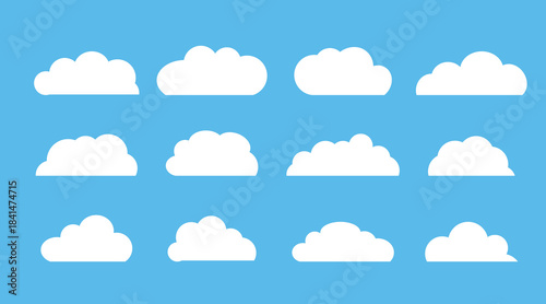 White Cloud Icons Set on Blue Sky Background in Flat Style.