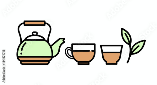 Tea Time Still Life - Kettle, Cups, and Tea Leaves Illustration.