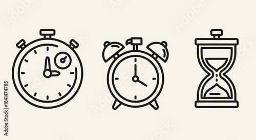 Timekeeping Icons - Stopwatch, Alarm Clock, and Hourglass in Outline Style.