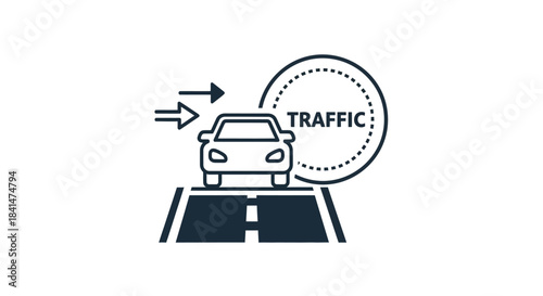 Traffic congestion illustration with car and arrows indicating flow.