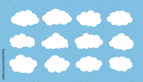 Flat White Cloud Icon Set on Blue Sky Background.