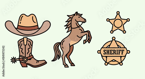 Wild West Icons - Cowboy Hat, Boots, Horse, and Sheriff Badges.