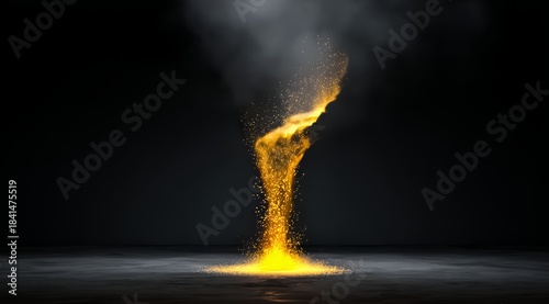 Fire is burning in the air, creating a bright yellow flame. The scene is set in a dark room. Scene is one of warmth