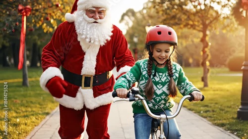 Santa Claus Teaching Child Bicycle Riding Outdoors Encouraging Hap VFX