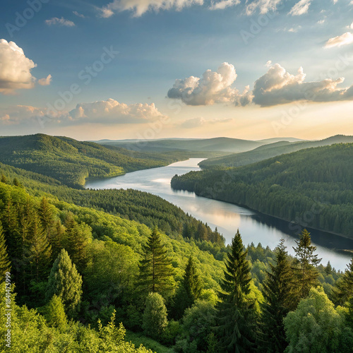 Panoramic Vista: Capture the beauty of a vast, winding river carving through a vibrant green valley, framed by lush forests under a dramatic, cloud-filled sky. 