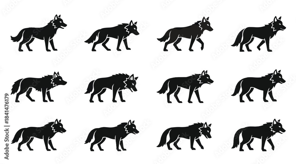 Obraz premium Set of Twelve Black Wolf Silhouette Icons - Various Poses Including Standing, Walking, and Howling Wolf Profiles Vector Isolated on White for Wildlife and Nature Design