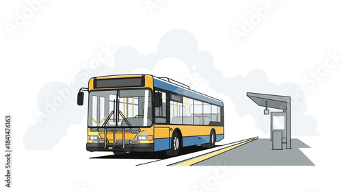 A yellow and blue bus stopped at a bus stop on a city street with