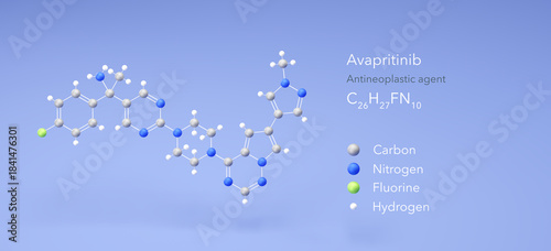 Fototapeta Naklejka Na Ścianę i Meble -  avapritinib molecule, molecular structure, antineoplastic agent 3d model, Structural Chemical Formula and Atoms with Color Coding
