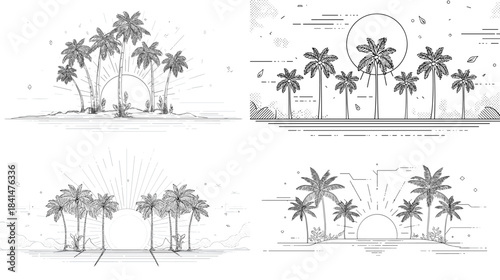 A minimalist palm tree landscape set illustrated with fine lines depicting coastal scenes, sunsets and tropical horizons.