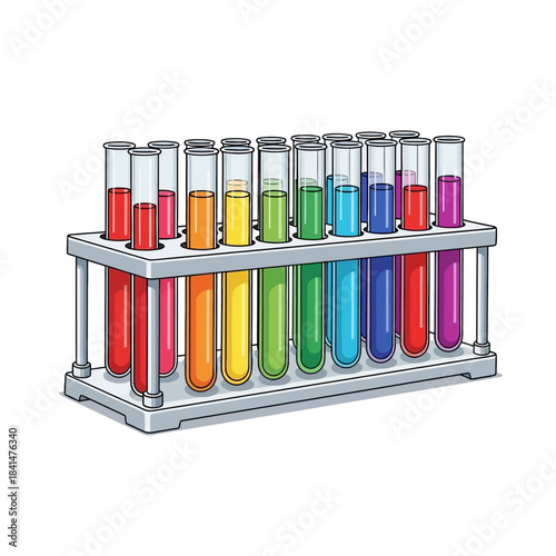 Colorful test tubes with various liquids in a laboratory rack, illustrating scientific experiments and chemical research.