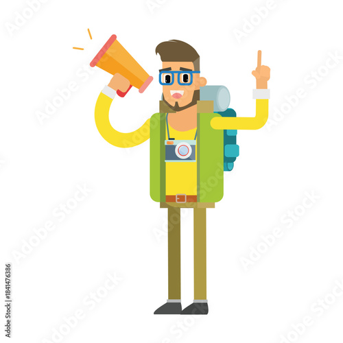 Backpacker tourist shouting into a megaphone and pointing up. Concept of tour guide or announcement