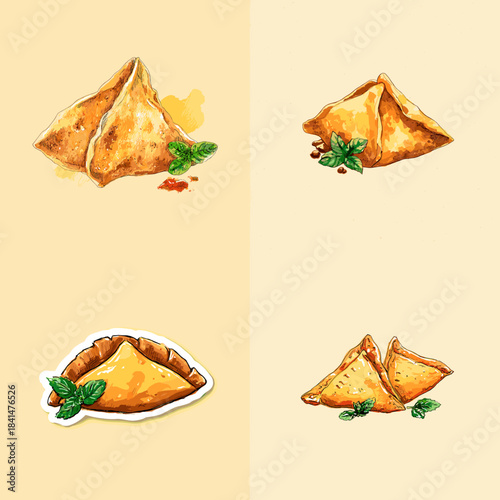 A set of golden samosa illustrations with crispy texture and herb garnishes depicted in a hand painted style.
