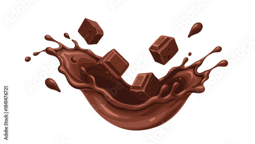 Chocolate chunks splashing into rich red liquid on with dynamic motion and fluid movement