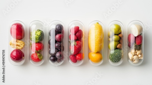 Fruits and vegetables encapsulated in clear capsules, healthy nutrition for dietary