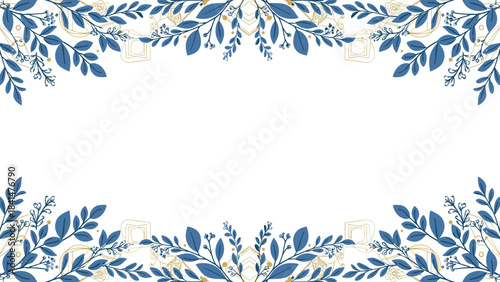 Blue and gold leafy border design elements on for decoration and floral patterns