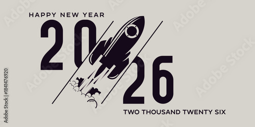 2026 Happy new year banner template with rocket launch concept and spaceship taking off with smoke trails shows business startup, success, new beginning concept vector illustration for new year plan