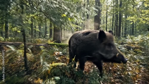 A wary wild boar stands on a mossy forest floor, ferns framing autumn leaves. and distant pines loom