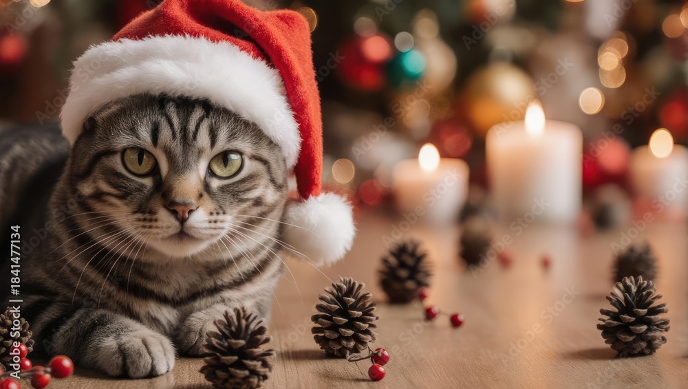 Obraz premium Festive Feline - A Tabby Cat Celebrates Christmas in Style.