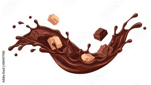Chocolate chunks and liquid splashing with cocoa pieces flying through air