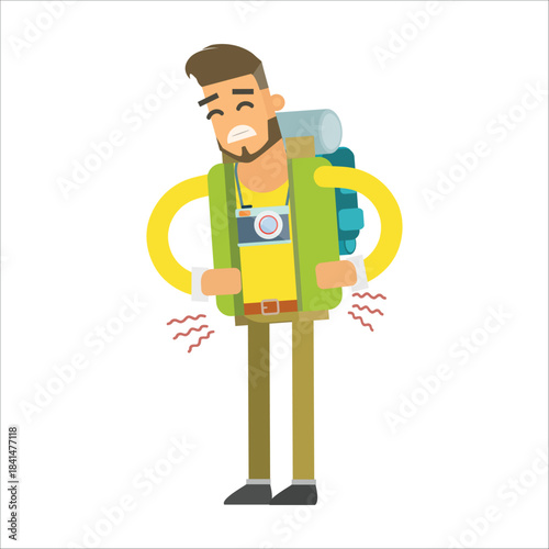 Injured hiker suffering from back pain or stomach ache during a trip