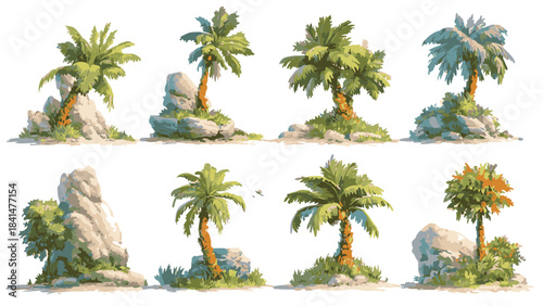 Set of isolated tropical island game assets palm trees and rocks illustration