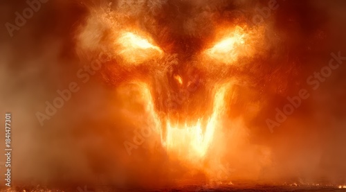 Skull with red eyes and a mouth full of fire. The skull is surrounded by a cloud of smoke and fire