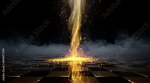 Stream of gold sparks is falling from the sky, creating a sense of wonder and magic. The image is set in a dark room