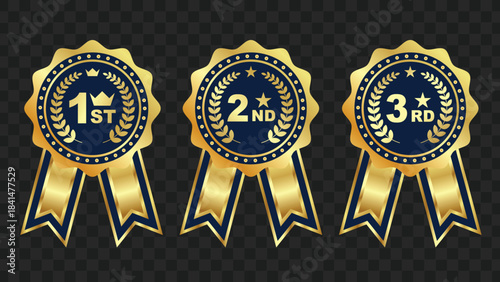 Three golden award ribbons with blue centers, indicating first, second, and third place, adorned with laurel wreaths.