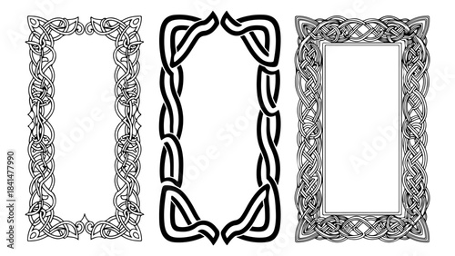 Three ornate Celtic knot frames with intricate interwoven patterns, presented in black and white.