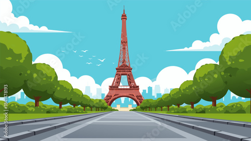 A picturesque view of the Eiffel Tower in Paris, France, with a tree-lined avenue leading up to it.