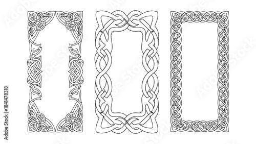Three ornate Celtic knot frames with intricate interlacing patterns, presented in a vertical orientation.
