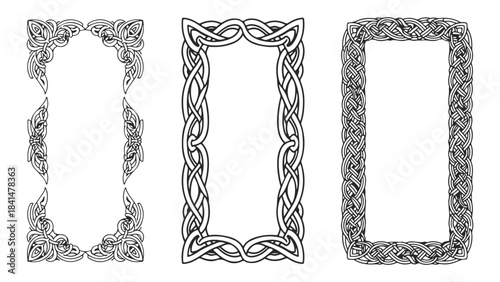 Three ornate Celtic knot borders in black and white, showcasing intricate interlacing patterns for decorative use.