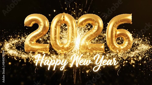 Golden balloons displaying new year 2026 greeting against black background